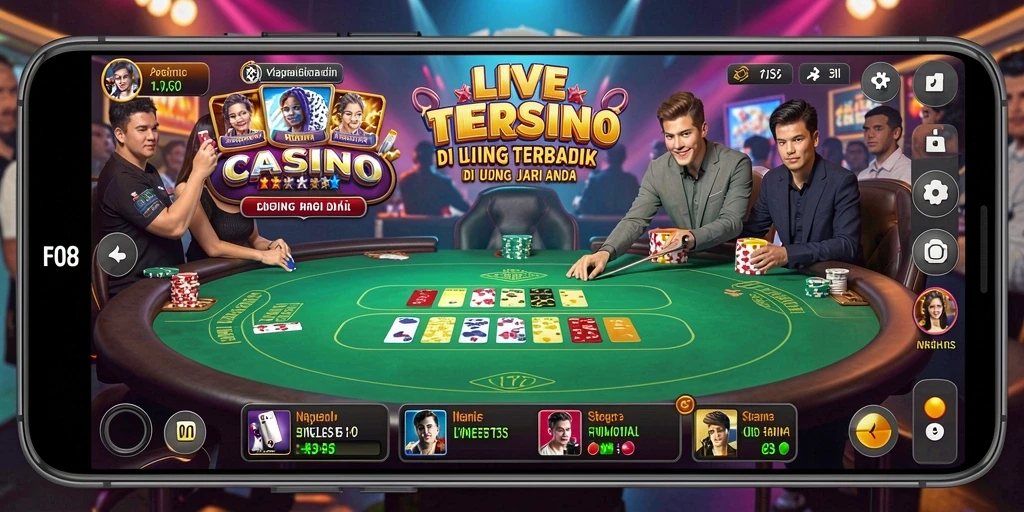 Screenshot gameplay F08 menampilkan dealer langsung dan suasana kasino yang hidup.