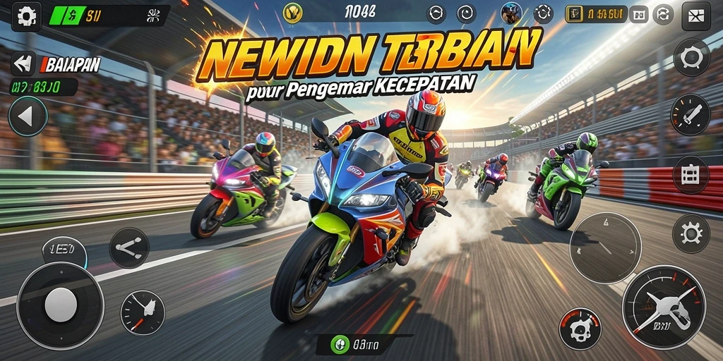 Screenshot gameplay NEWIDN menunjukkan aksi balapan yang mendebarkan.