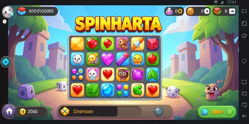 Tampilan gameplay SPINHARTA dengan kombinasi permata yang menawan.