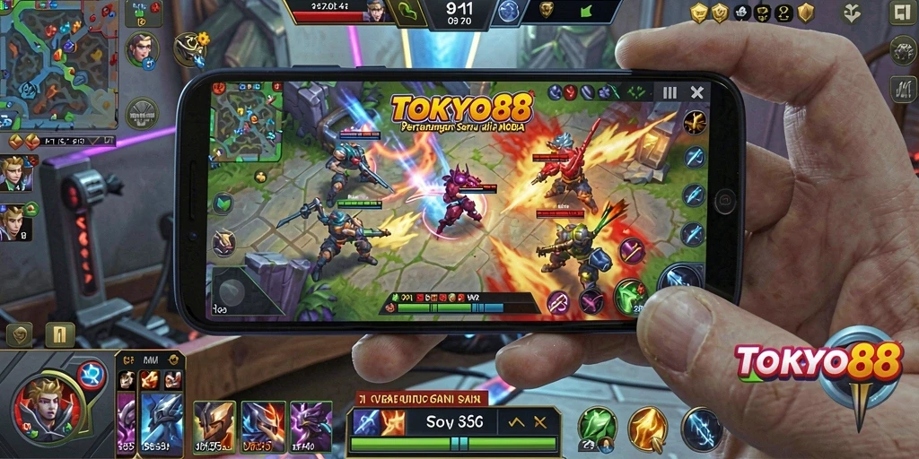 Screenshot gameplay menunjukkan aksi seru dalam pertempuran MOBA.