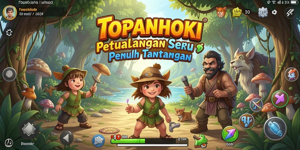 Tangkapan layar utama TOPANHOKI menampilkan karakter dalam aksi di dunia petualangan.